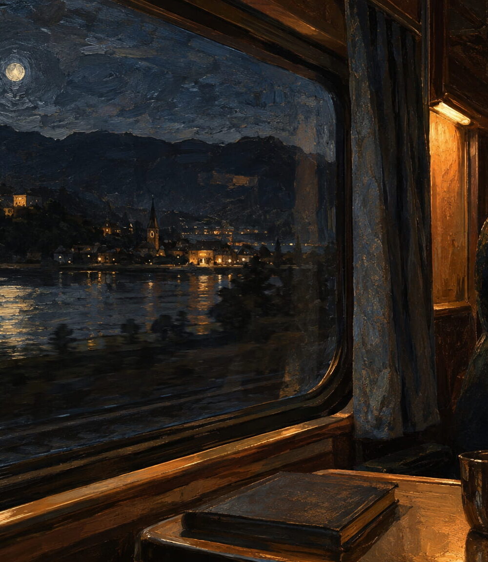 A night train window looks out on a moonlit lake and the lights of a small town.