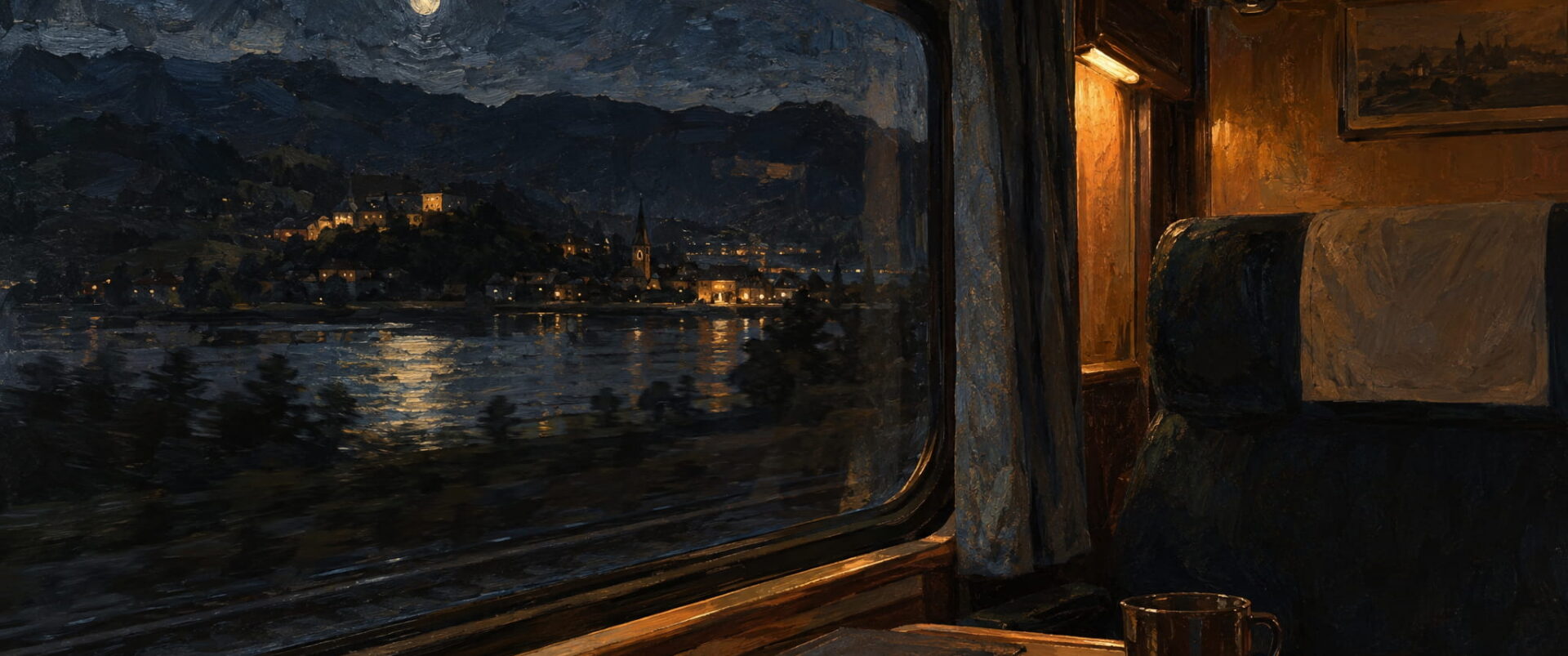 A night train window looks out on a moonlit lake and the lights of a small town.