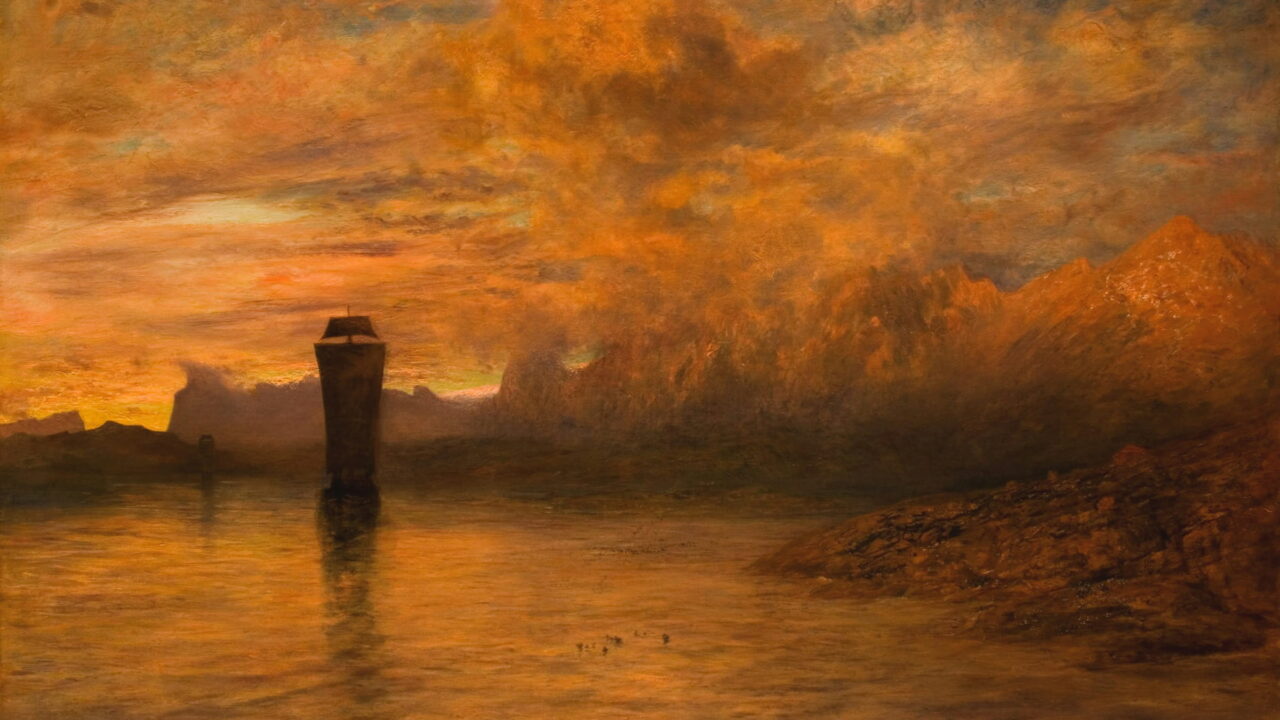 A burning orange sunset behind a harbor tower, reflected in still water.