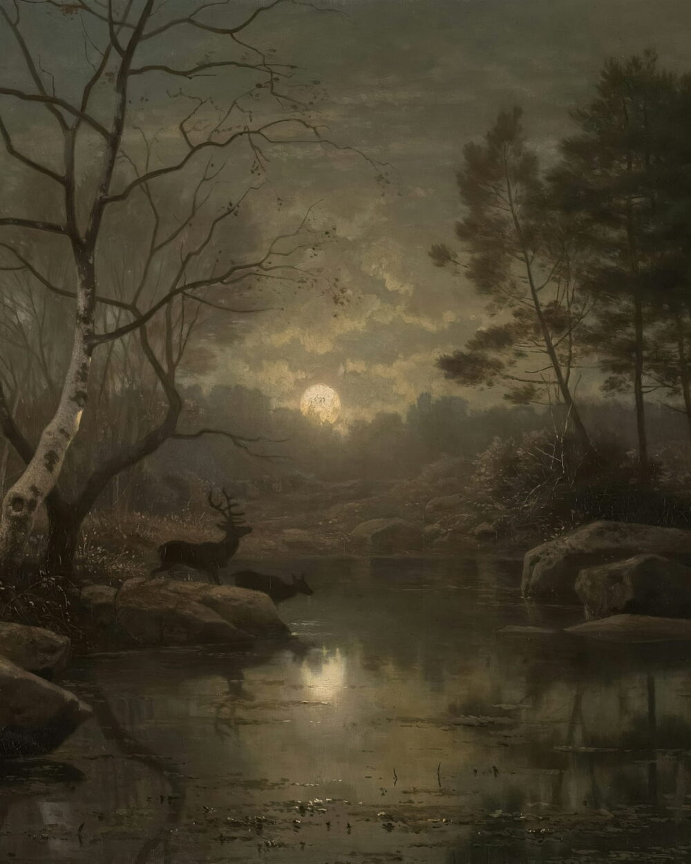 A deer at the edge of a forest pool lit by a low moon.
