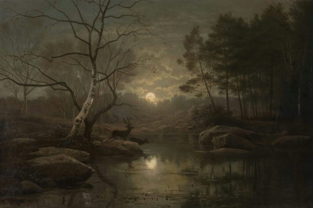 A deer at the edge of a forest pool lit by a low moon.