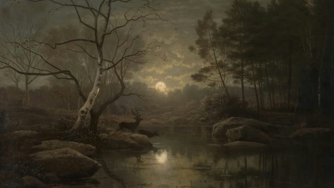 A deer at the edge of a forest pool lit by a low moon.