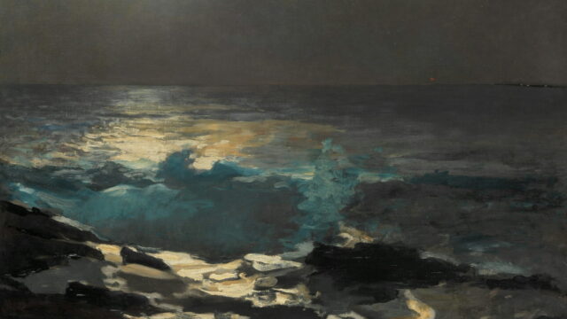 Moonlight lies in a bright path across waves breaking on black rocks.