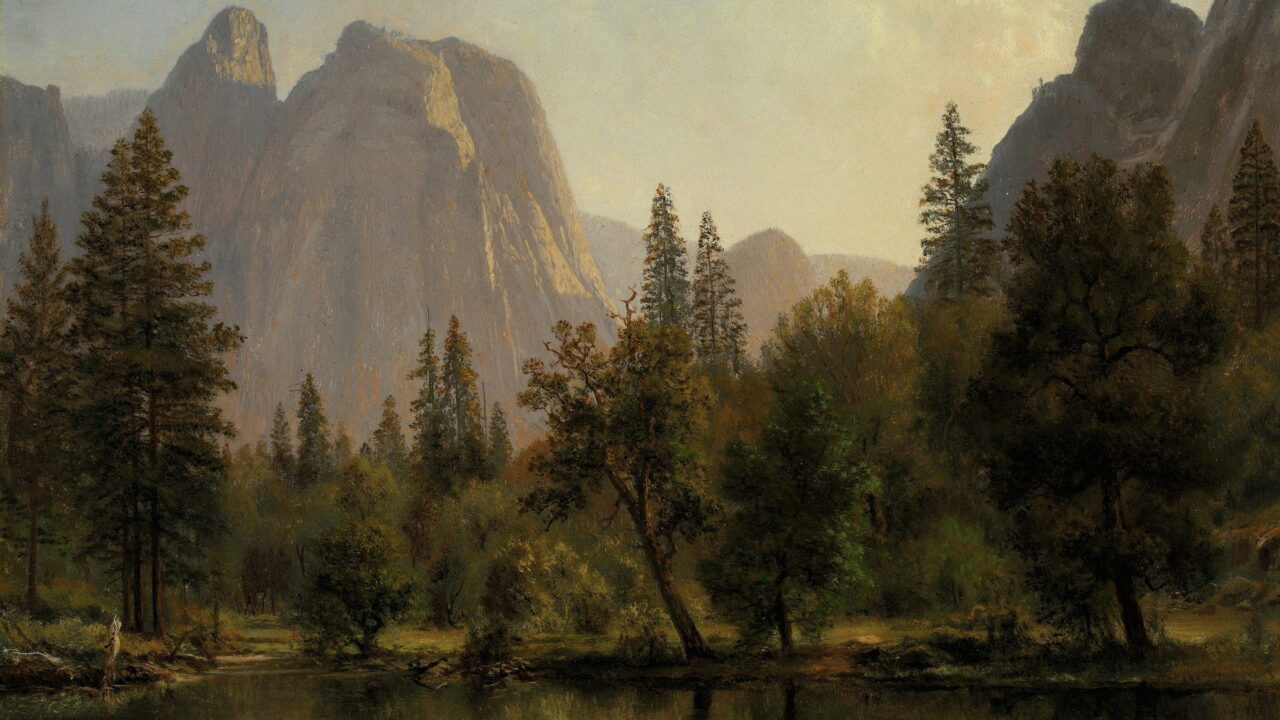 Tall pines stand by a still lake below gray granite cliffs.