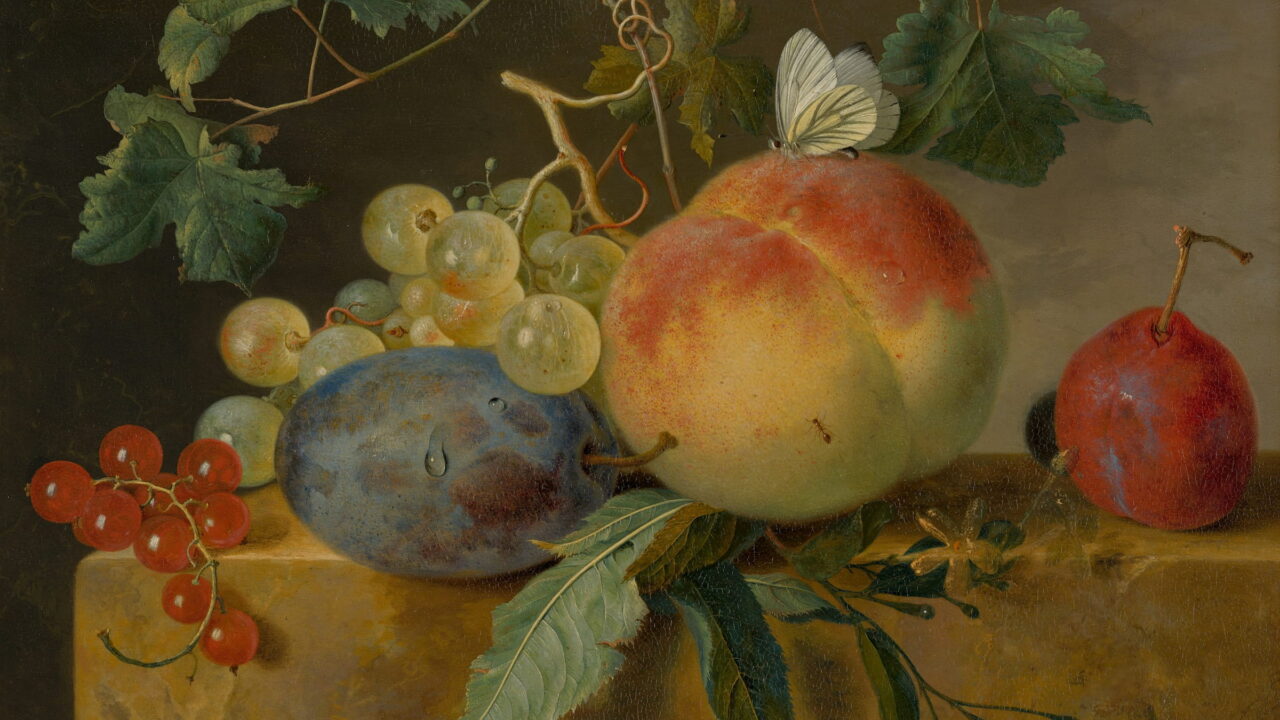 A large peach, plums, grapes, and red currants on a stone ledge.