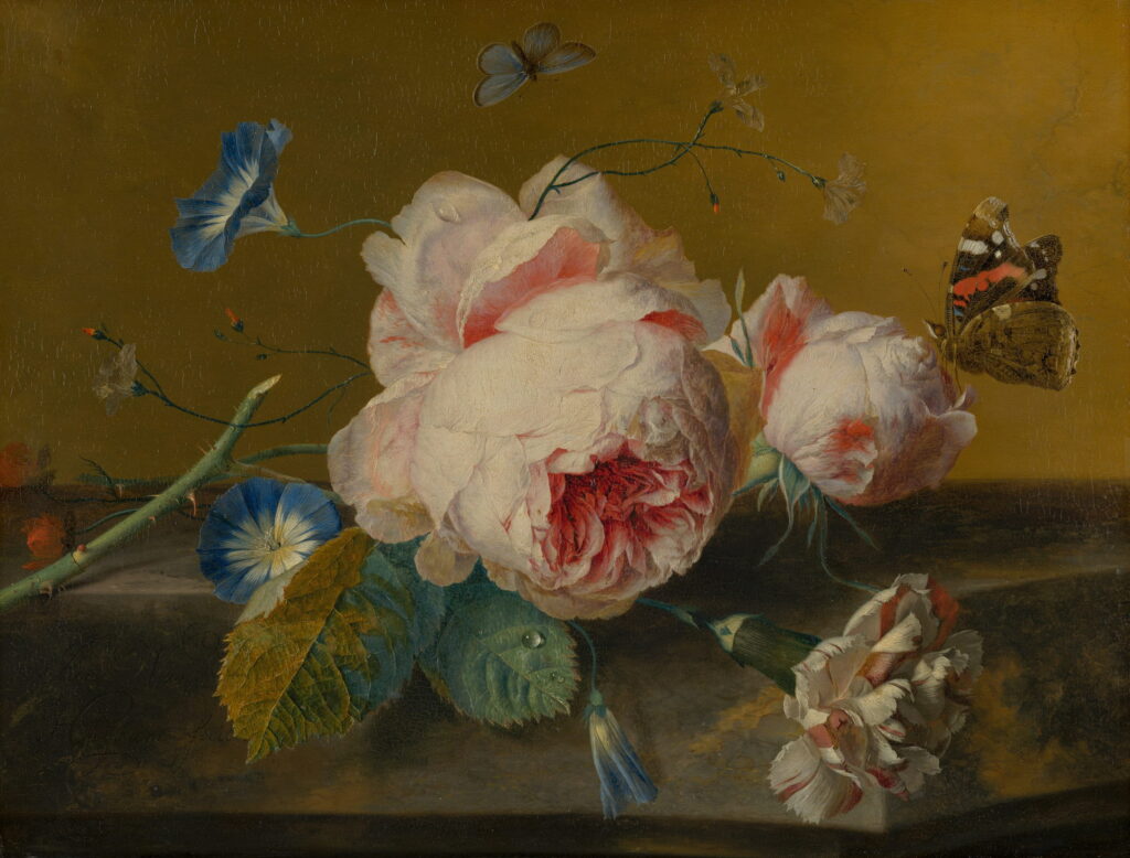 A full pink rose with blue morning glories and a butterfly on a stone ledge.