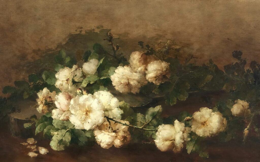 A long spray of white roses and dark leaves on a brown ground.