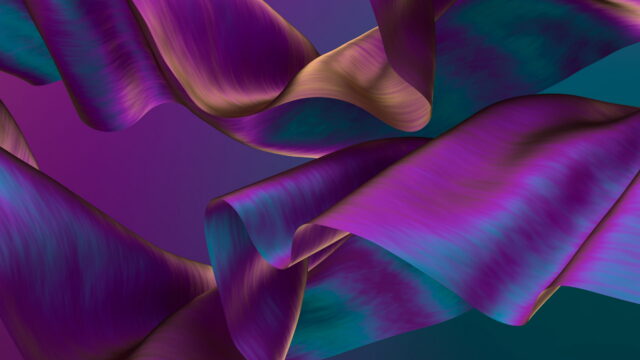 Violet and teal satin ribbons tumbling across the frame.