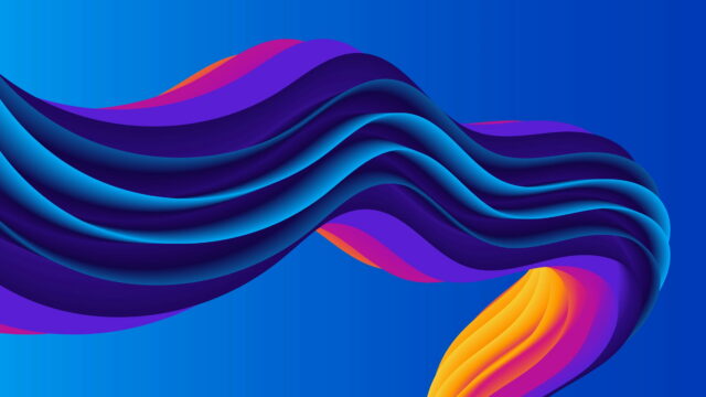 A thick ribbon of blue, violet, and orange layers waving on blue.
