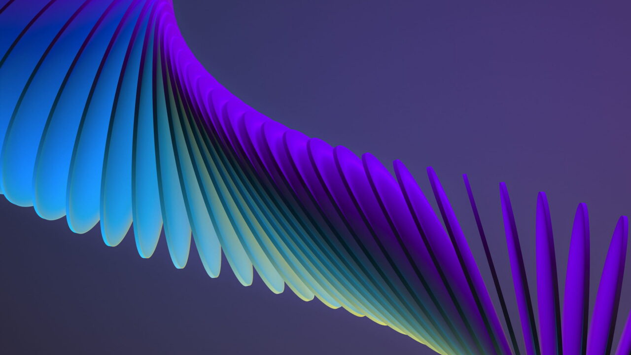 Rows of blue, green, and violet fins sweeping in a wide curve on purple.