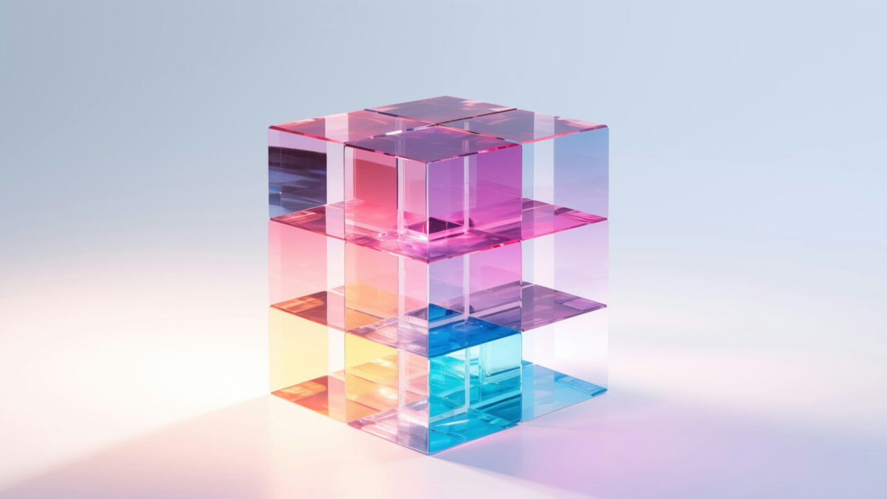 A clear glass cube with pink, blue, and yellow layers on pale blue.