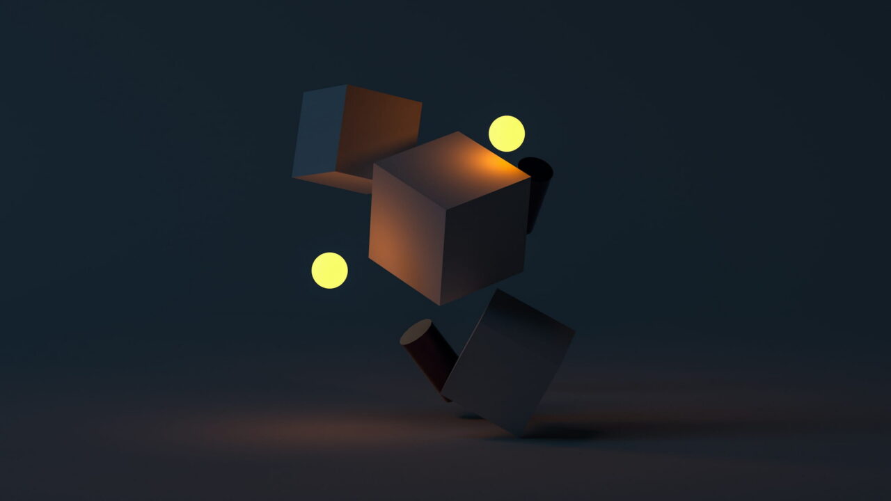 Dark cubes and two small yellow lights floating in a blue room.