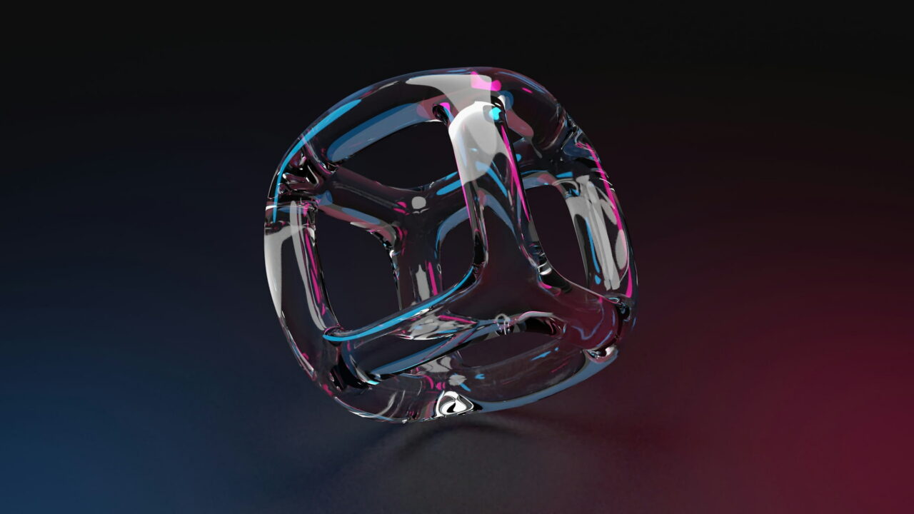 A rounded glass cube with clear inner walls on a dark red floor.
