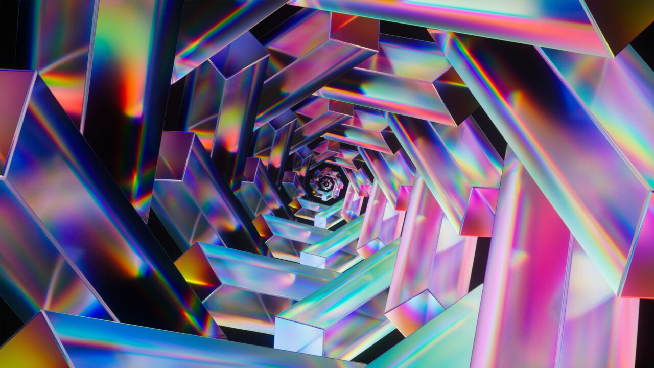 A tunnel of colored glass shards spiraling toward the center.