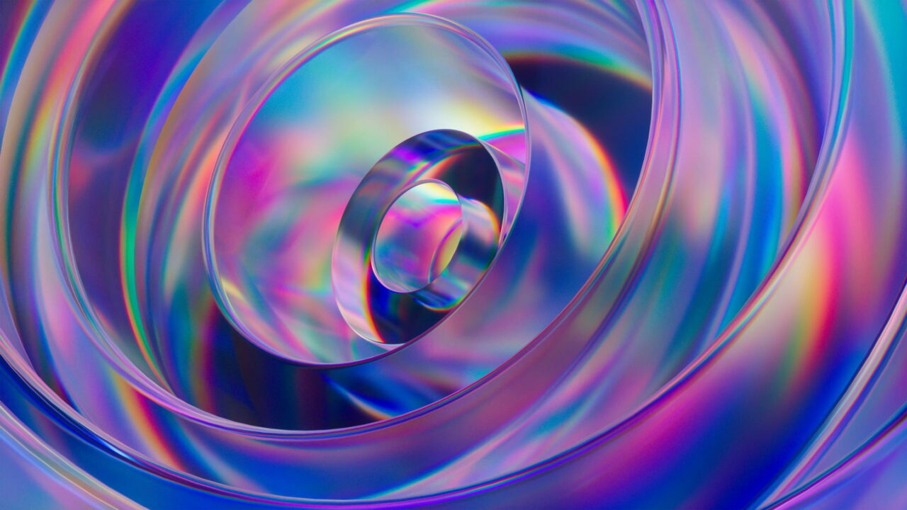 Rings of clear glass with rainbow edges spiraling toward the center.