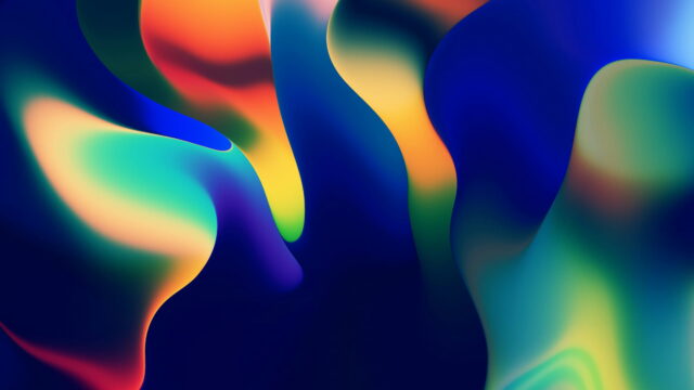 Bright gradient blobs in orange, green, and blue on dark navy.