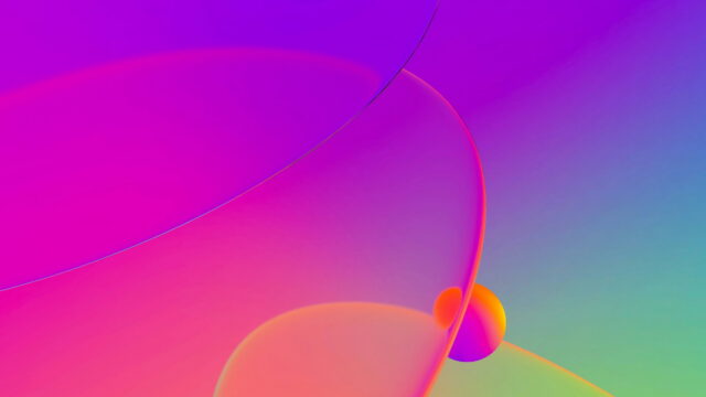 Magenta and purple glass shapes with a small orange sphere.