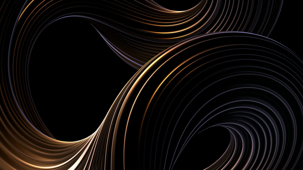Fine gold and violet threads crossing in two wide loops on black.