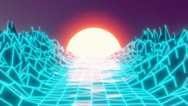 A glowing sun over a neon teal grid and jagged mountains.