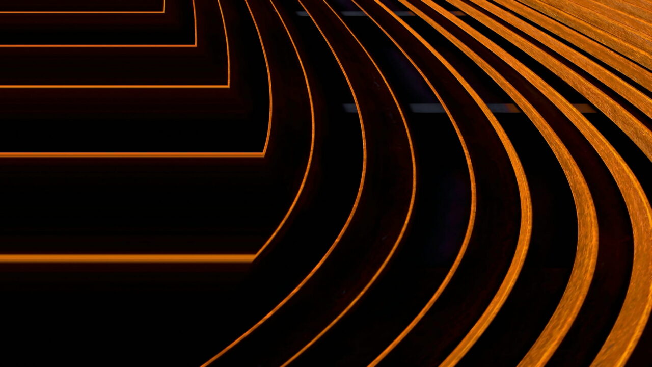 Thin orange lines bending across a dark floor toward the horizon.