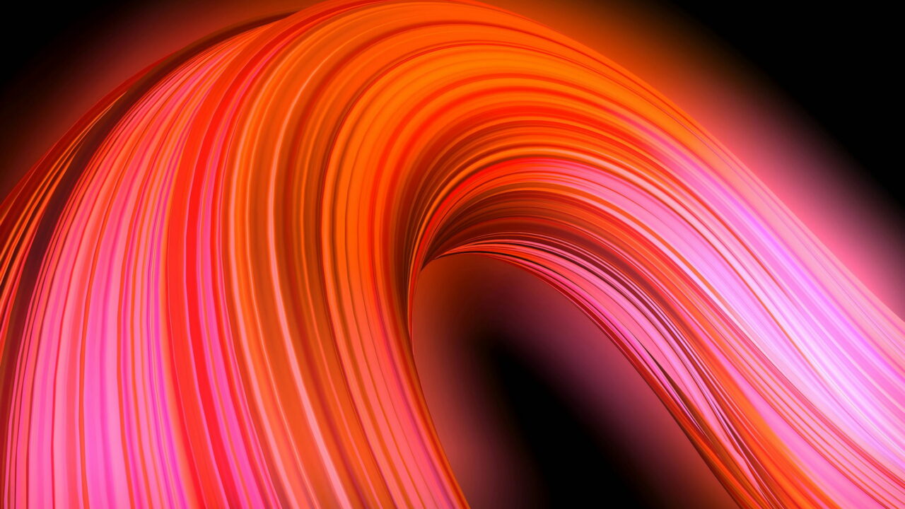 A thick arc of pink and orange light strands bending out of the dark.