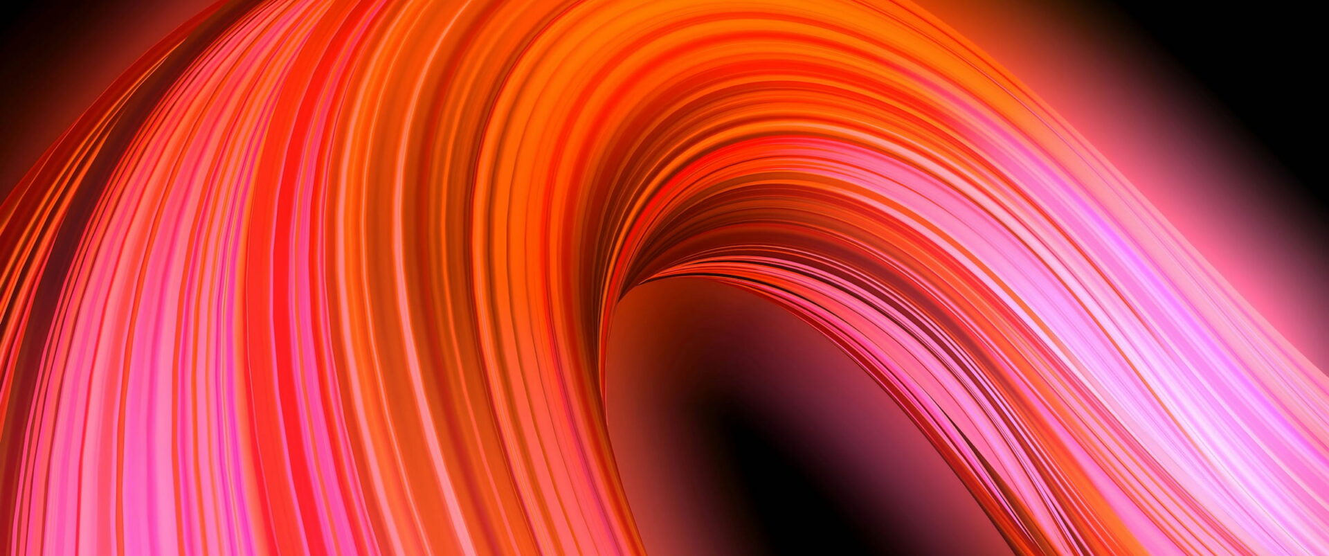 A thick arc of pink and orange light strands bending out of the dark.