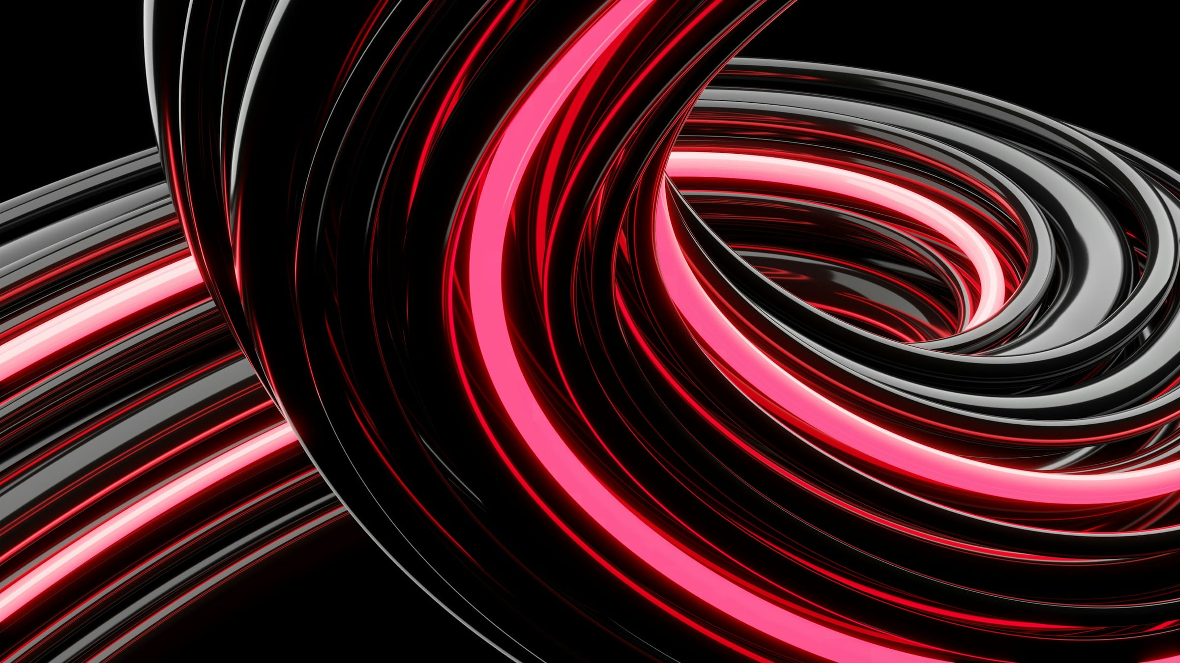 Red and white light ribbons coiled into a spiral on black.