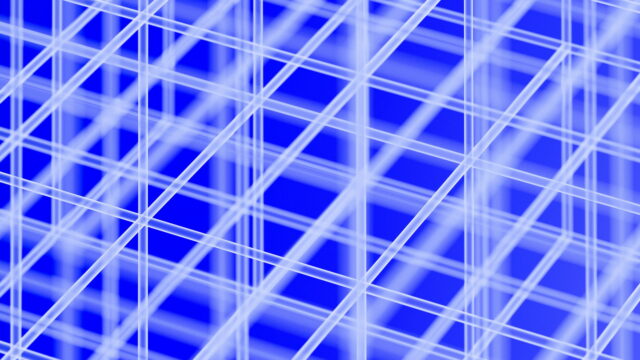 A bright blue lattice of crossing light bars.