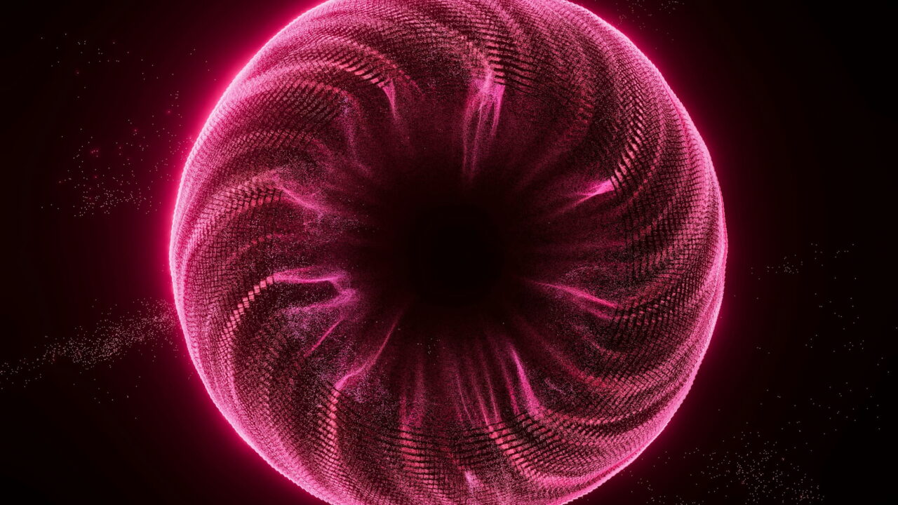 A glowing pink sphere made of fine curved strands on black.