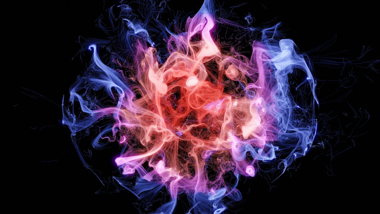A bloom of pink and violet smoke on black.