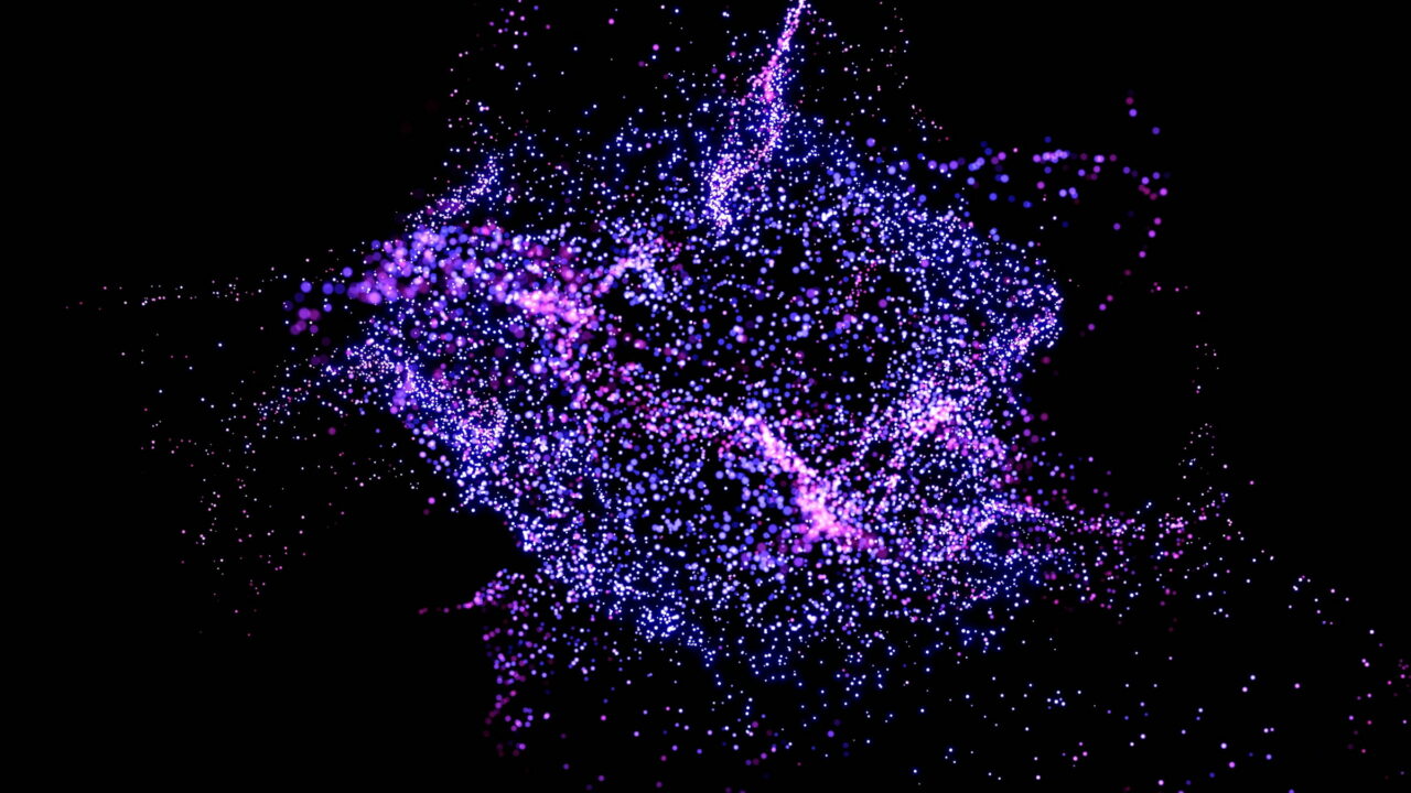 A loose cloud of violet particles spreading on black.