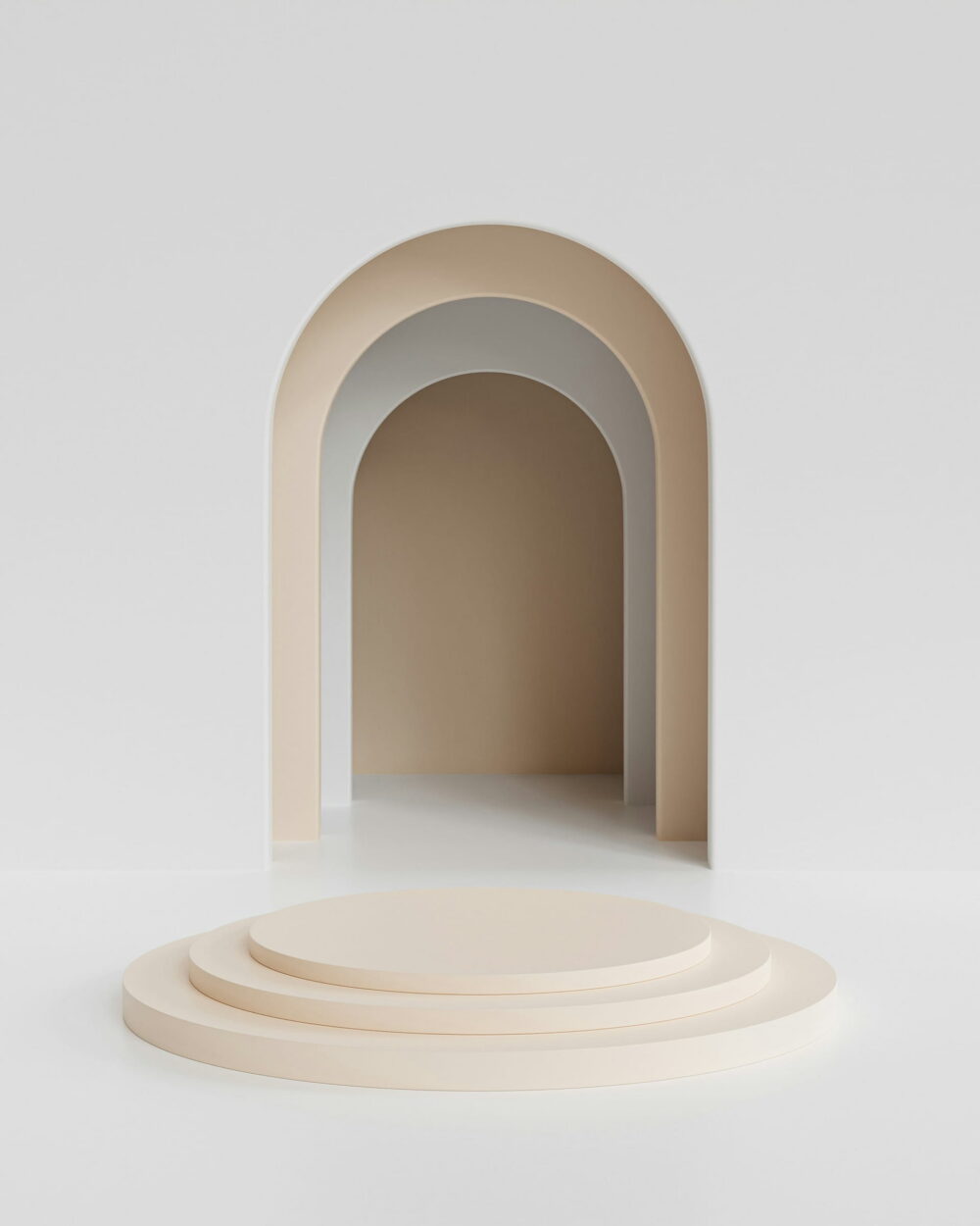 A pale stepped podium in front of a small arched doorway.