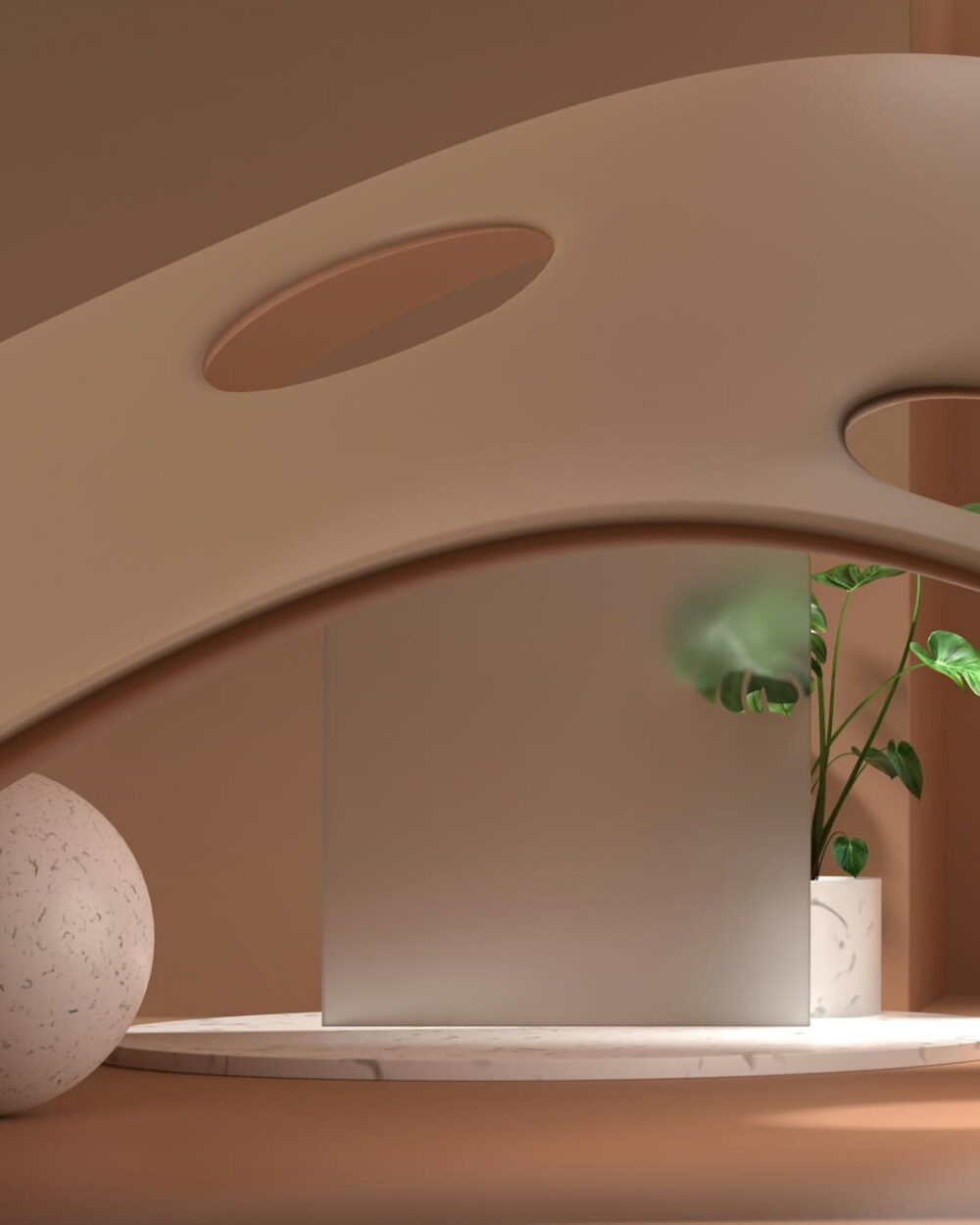 A clay-colored set with a curved wave wall, a stone ball, and a small plant.