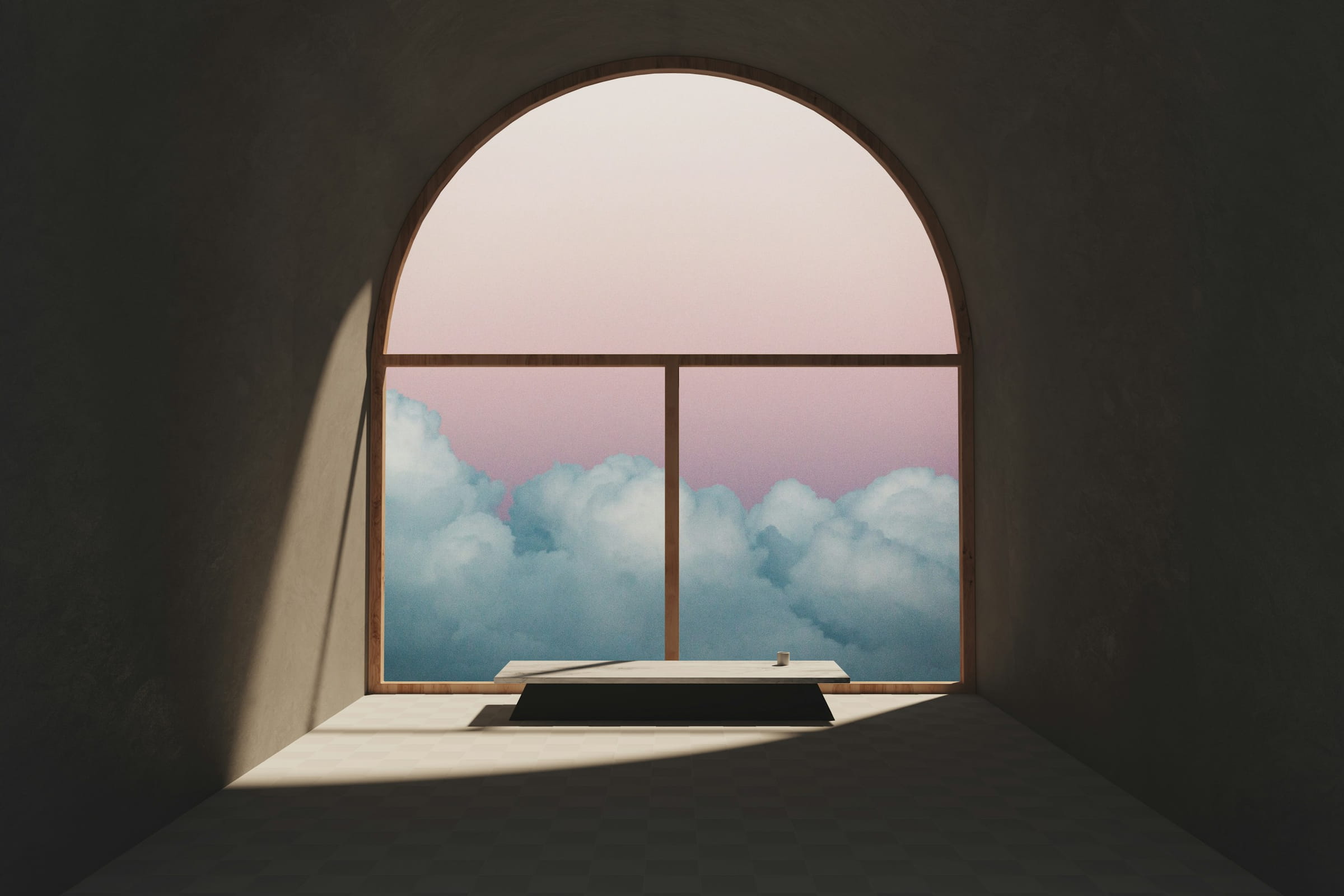 A dark room with an arched window full of clouds and a low bench in the light.