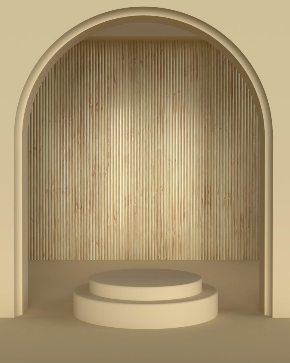 An arched alcove lined with reeds above a round stone step.
