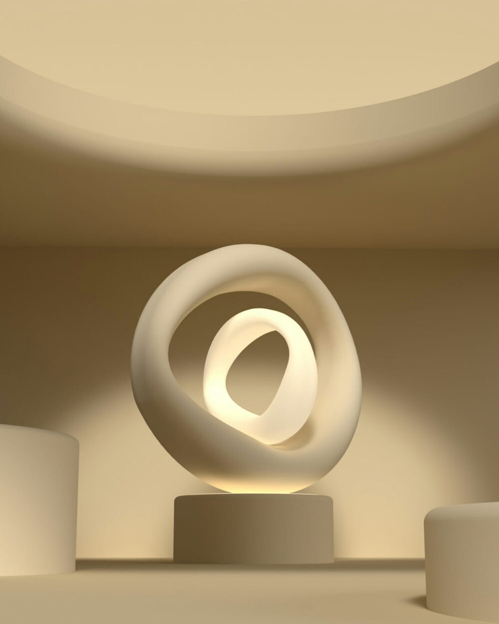 A cream ring sculpture lit from inside, in a round room with a skylight.