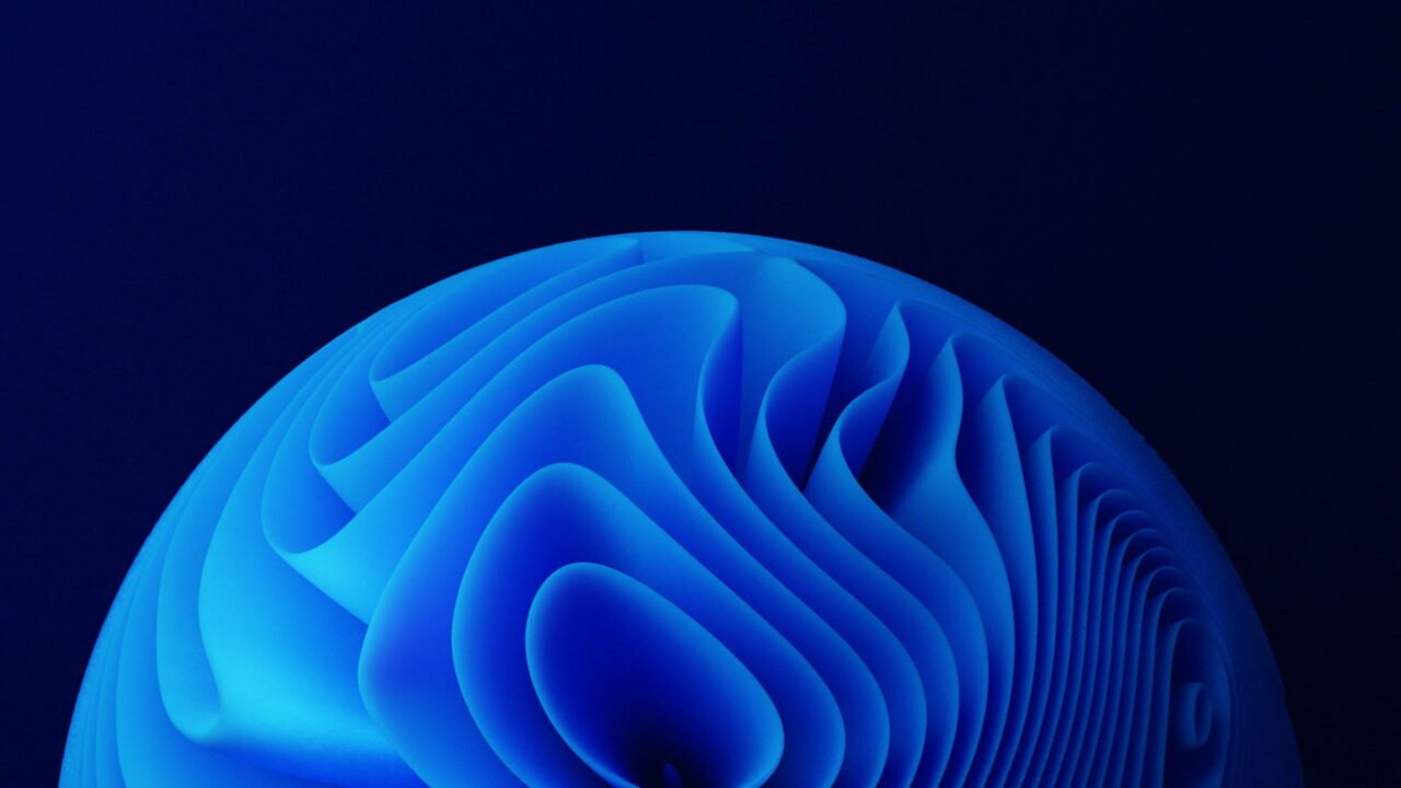 A deep blue globe with ridged, wavy layers on dark blue.