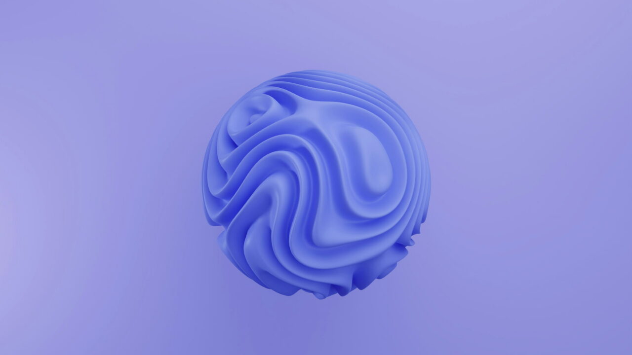 A blue sphere with a wavy carved surface on lilac.
