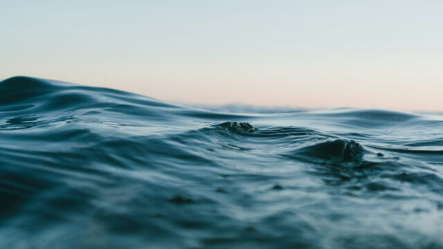 Smooth blue swell at water level under a pale evening sky.