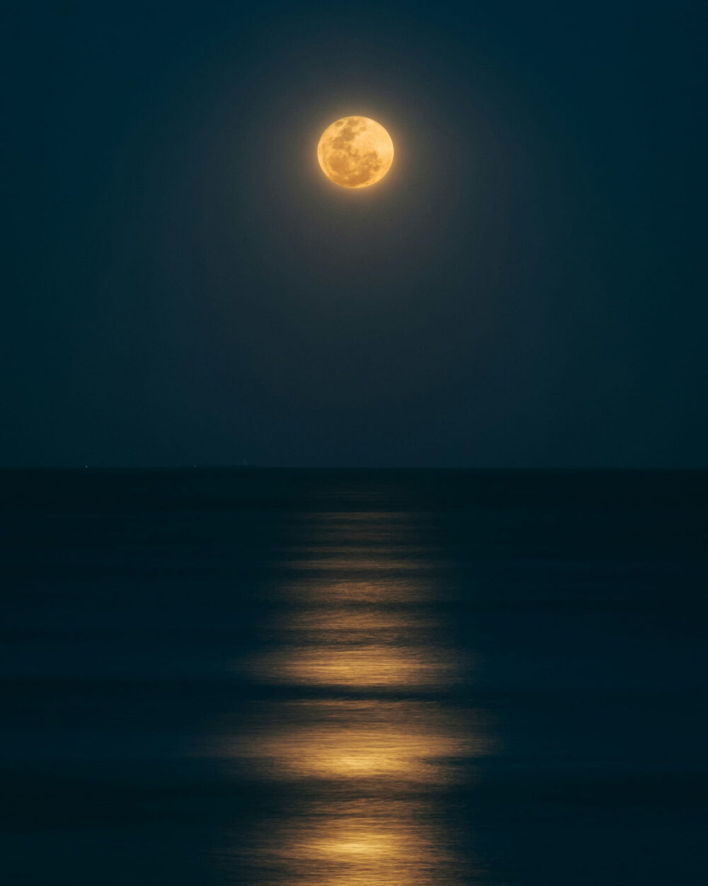 An orange full moon laying a path of light across a dark, flat sea.